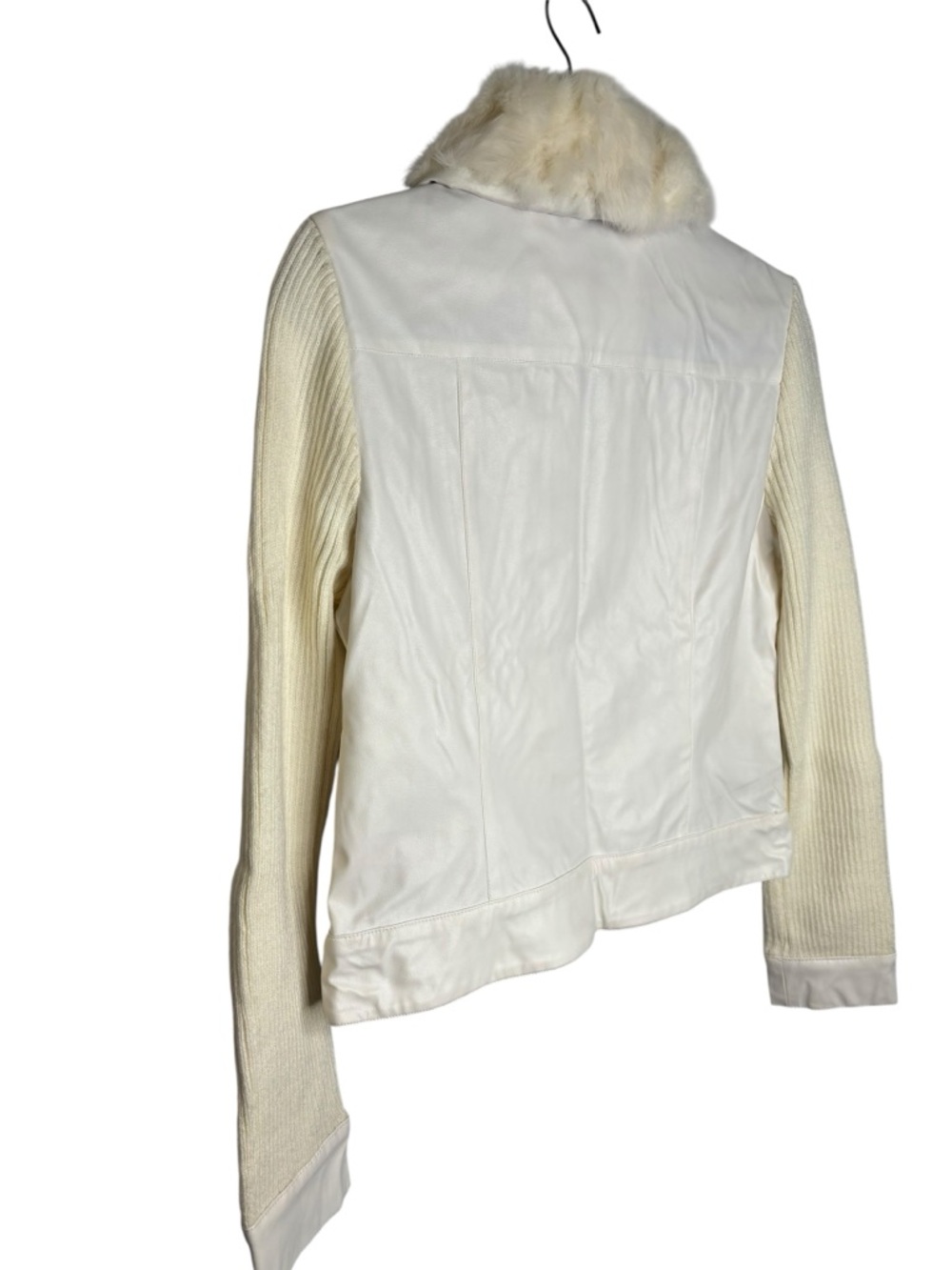 Y2K Jennyfer J Women's Moto Jacket Cream/White Rabbit Fur Leather Knit Jacket M - Picture 11 of 14